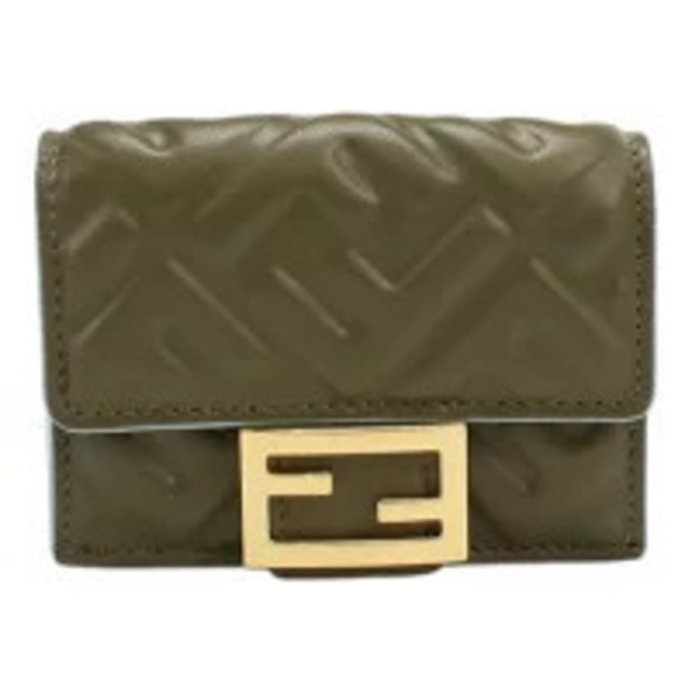 Fendi Tri fold Wallet Coin Purse Compact Leather Italy Khaki Green